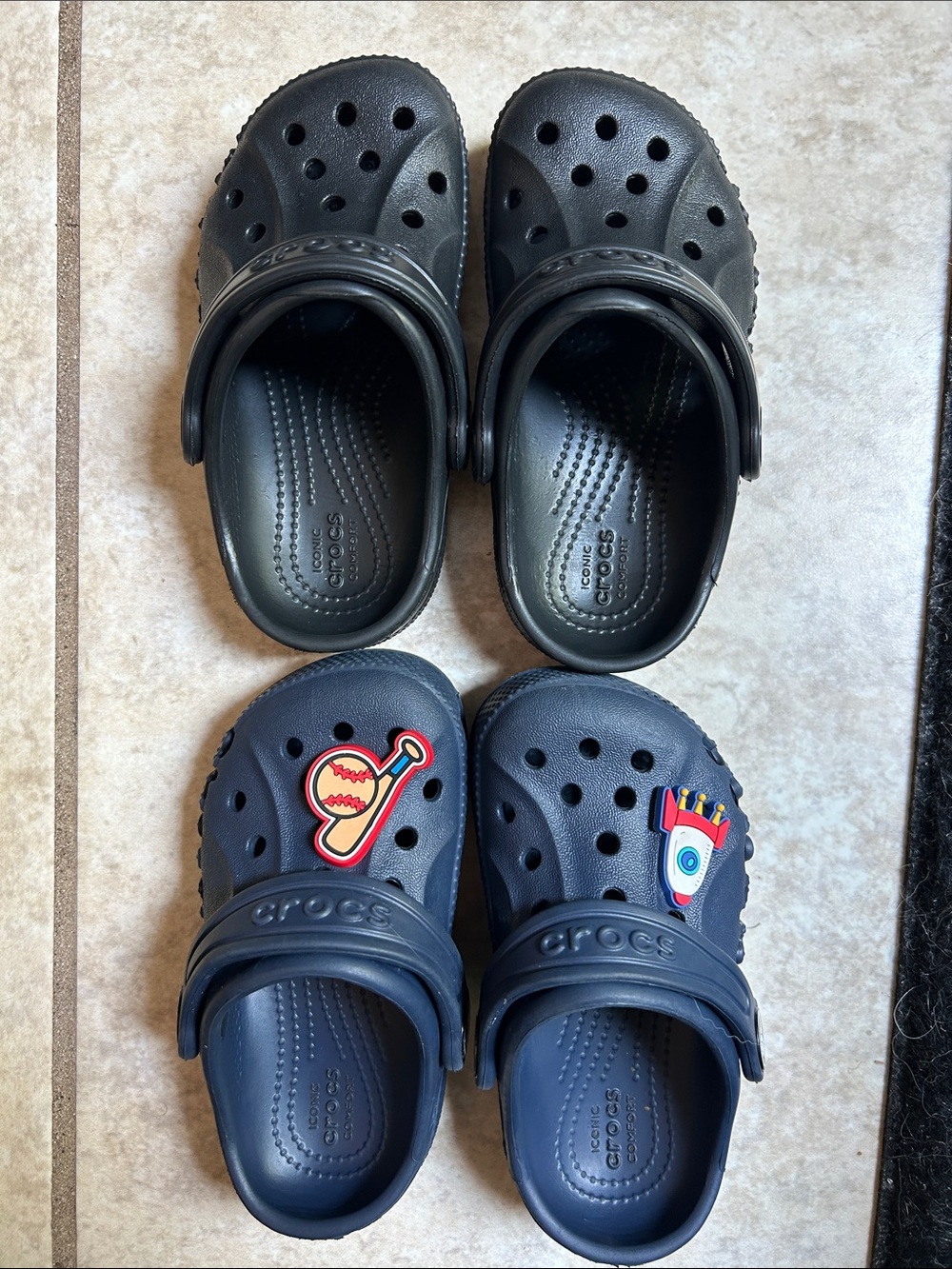 CROCS Kids Black and Navy Classic Clogs with Jibbitz